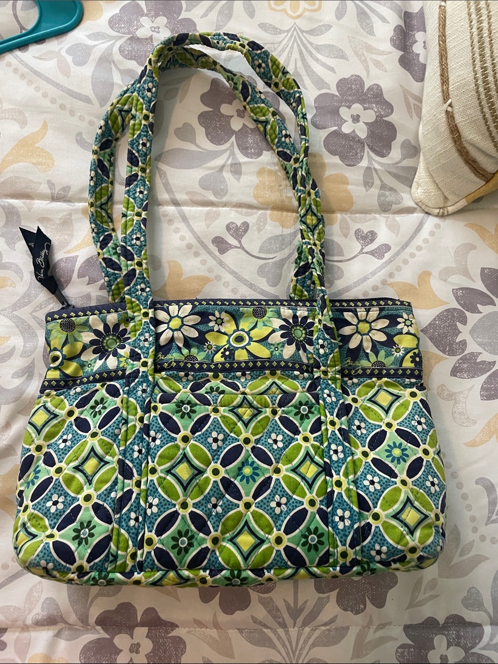 Vera Bradley Green and Blue Floral Quilted Tote with Geometric Pattern